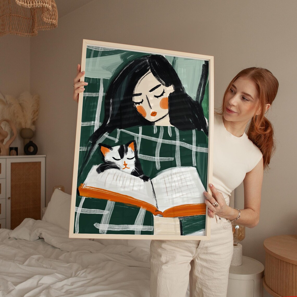 Woman Reading with Calico Cat Cozy Book Lover Illustration Poster - Image 3