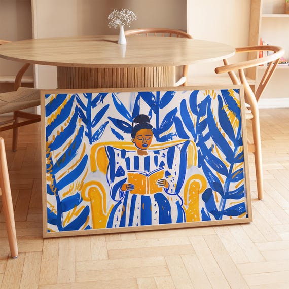 Colorful Reading Woman Art Bold Blue And Yellow Wall Art Botanical Pattern Print Cozy Living Room Artwork Print