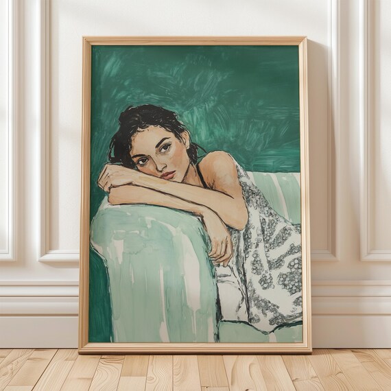 Resting Woman Portrait on Teal Green Modern Feminine Wall Poster