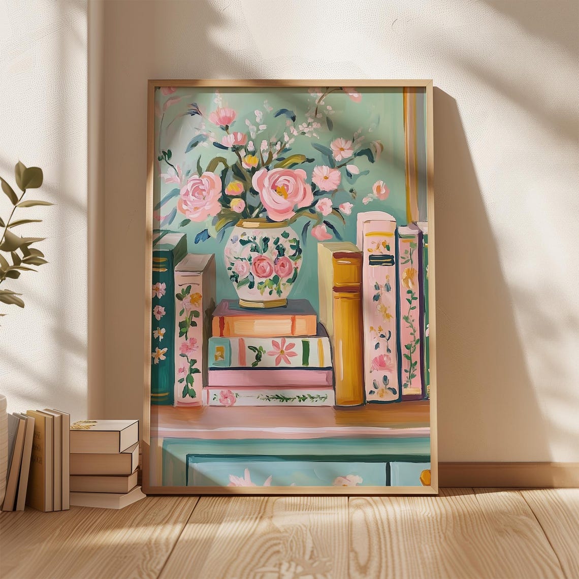 Vintage Floral Bookshelf Art Print, Book Lover Decor - Image 3