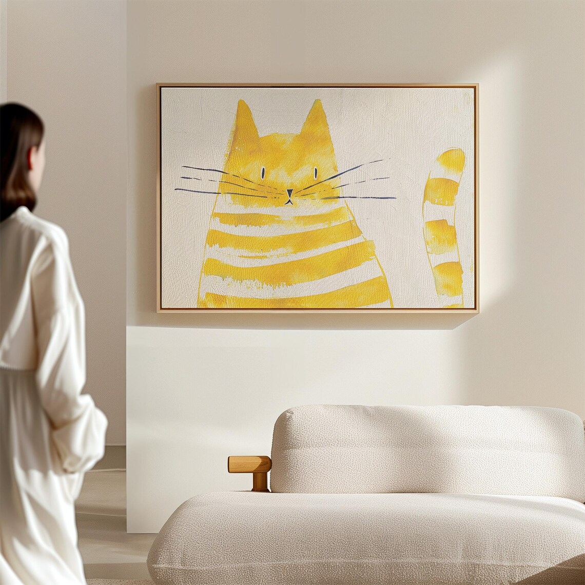 Playful Yellow Striped Cat Face Front View Minimalist Wall Art - Image 3