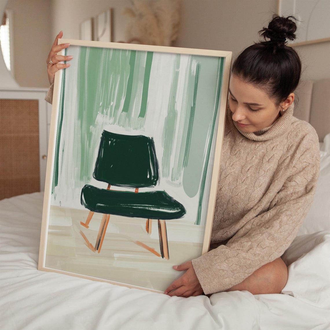 Modern Chair Print Green And Neutral Tones Stylish Minimalist Art For Contemporary Home Decor And Wall Accent - Image 2