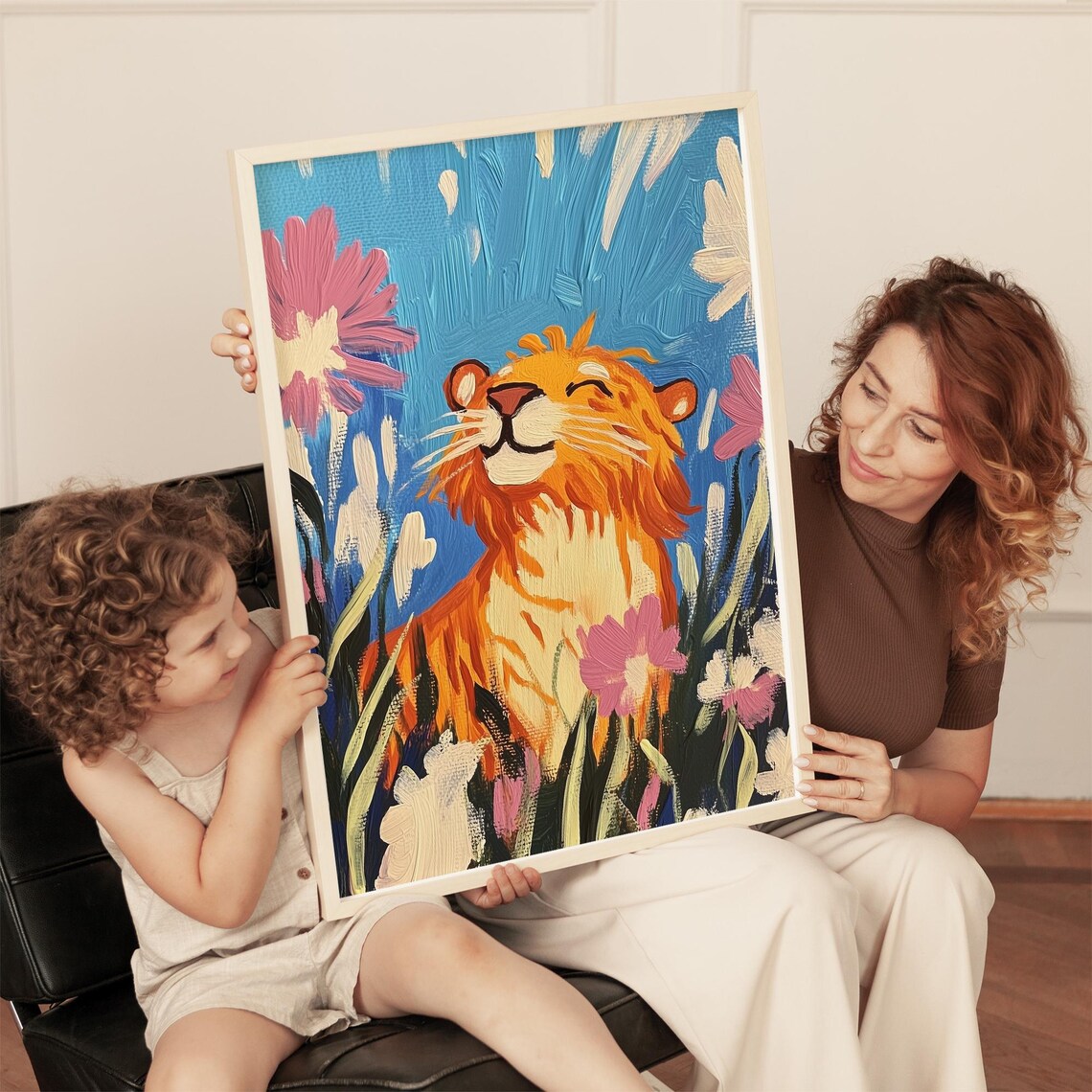Happy Tiger Among Colorful Flowers Cheerful Impasto Style Poster - Image 3