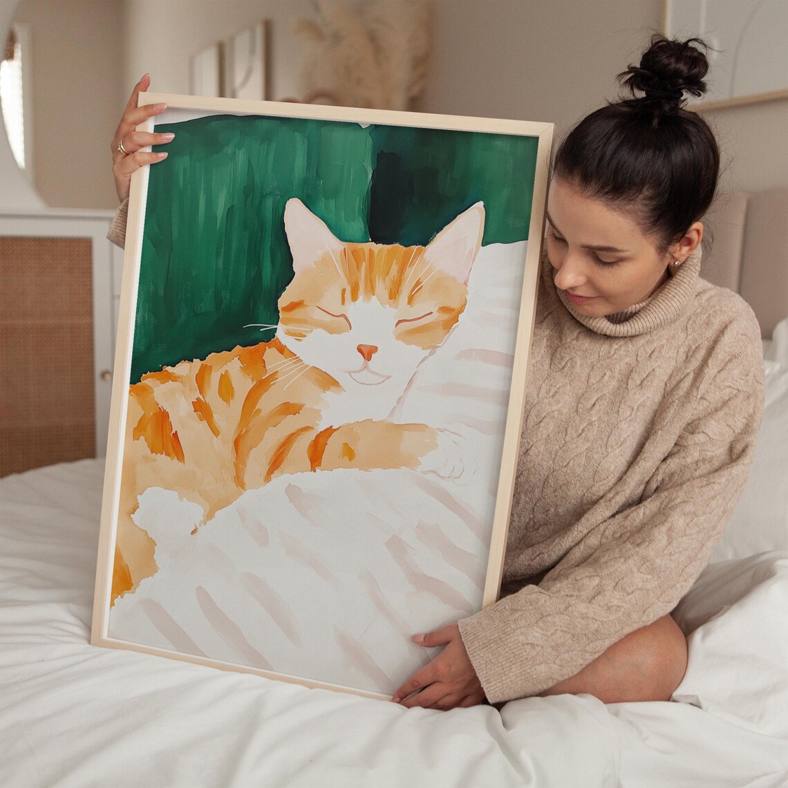 Orange Tabby Cat Watercolor Sleeping On White Blanket Art Poster - Image 3