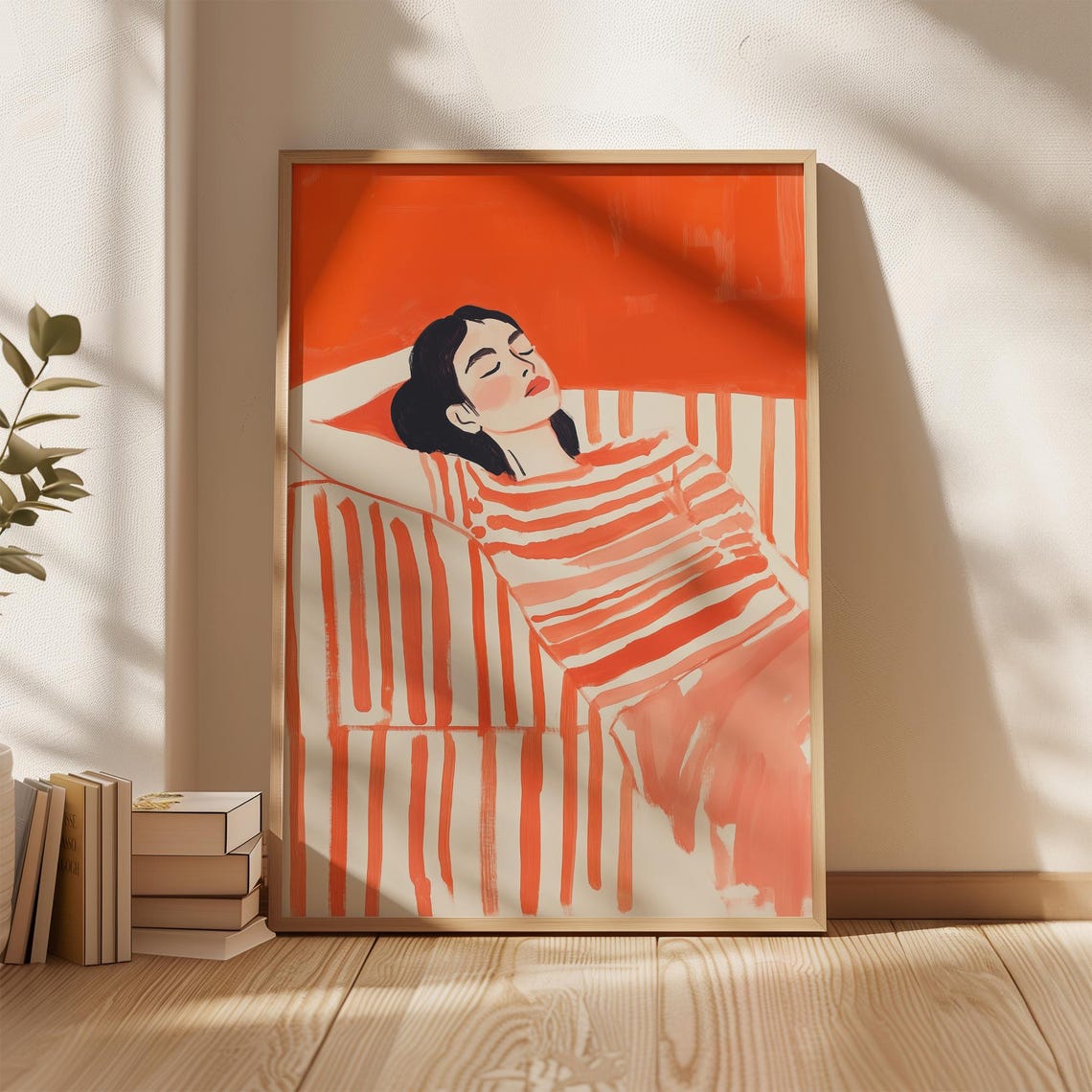 Relaxing Woman Wall Art Bold Orange And White Abstract Print Minimalist Striped Design Modern Home Decor Illustration - Image 5