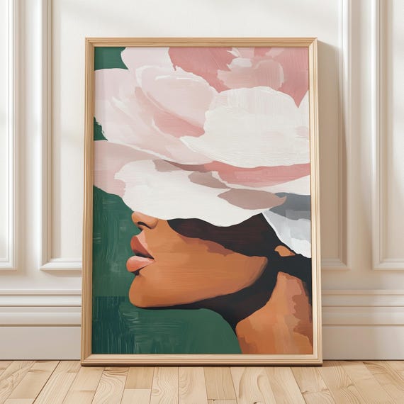 Floral Hat Woman Wall Art Print Feminine Abstract Face Poster Modern Botanical Black Home Decor