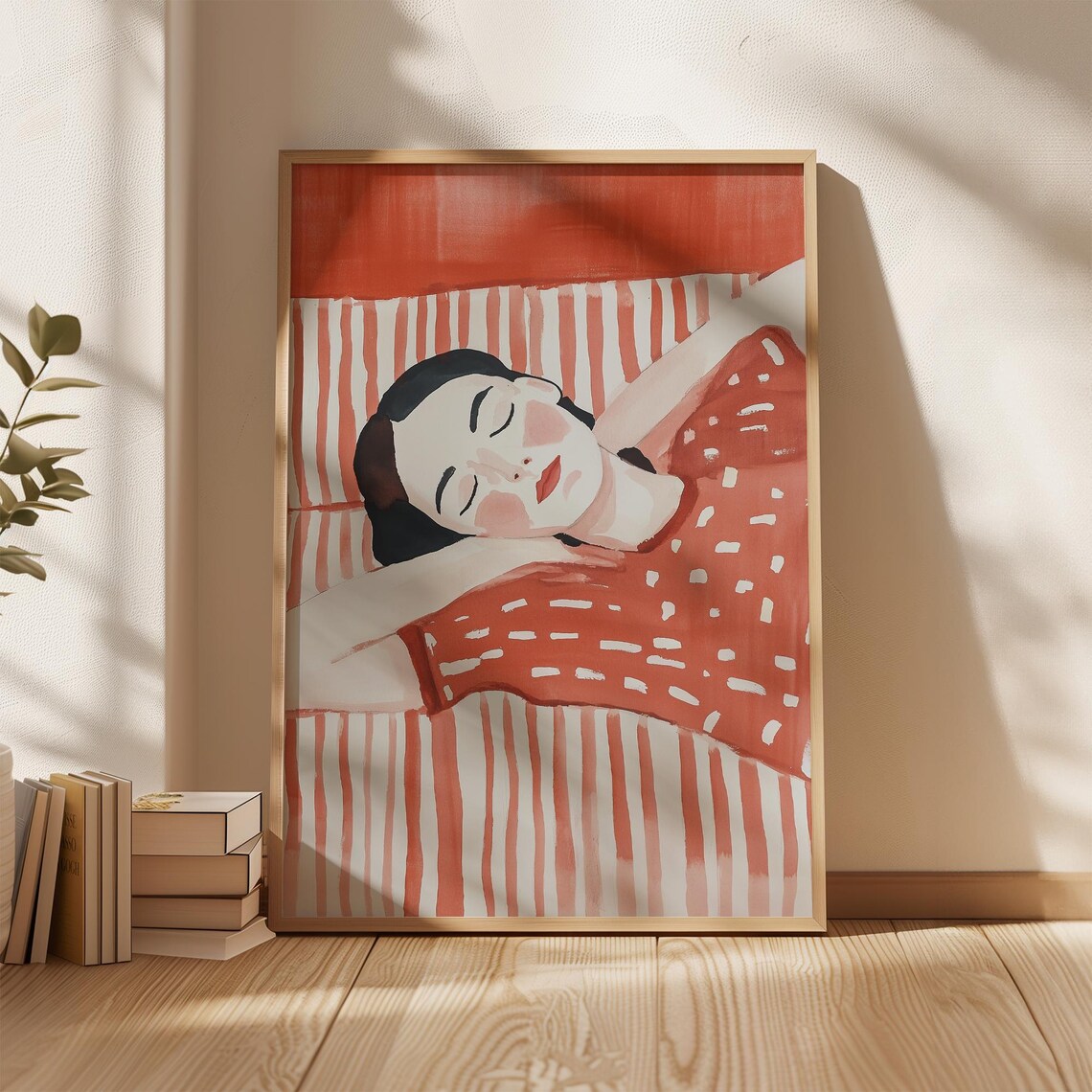Sleeping Woman in Red Polka Dot Dress Cozy Restful Art Poster - Image 5