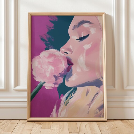 Woman Smelling Pink Peony Modern Pop Art Poster Magenta Floral Portrait