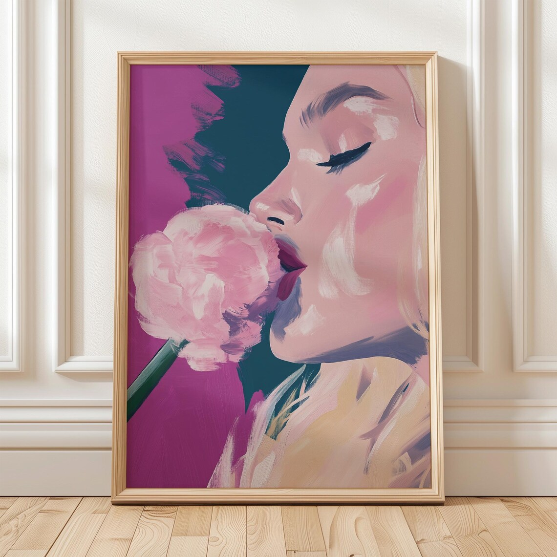 Woman Smelling Pink Peony Modern Pop Art Poster Magenta Floral Portrait
