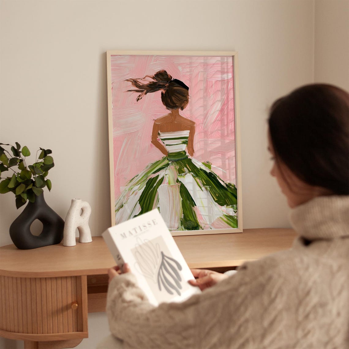 Elegant Woman in Pink and Green Dress, Modern Art Print - Image 4