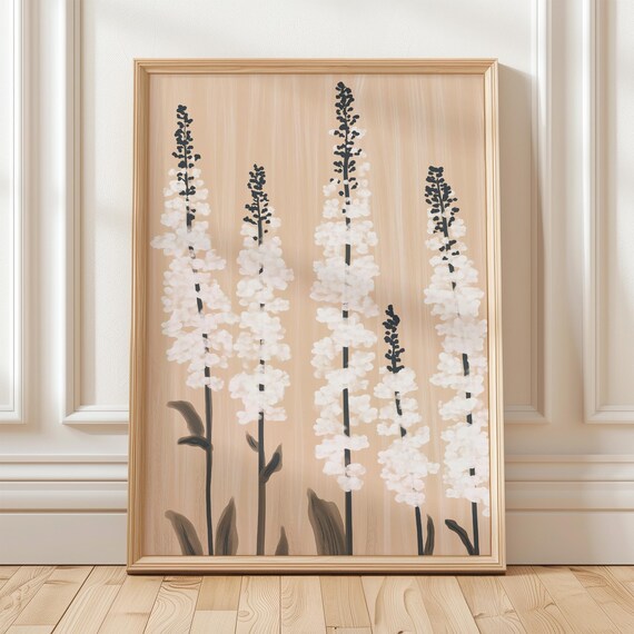 Tall White Flower Spikes Black Stems Beige Modern Botanical Poster
