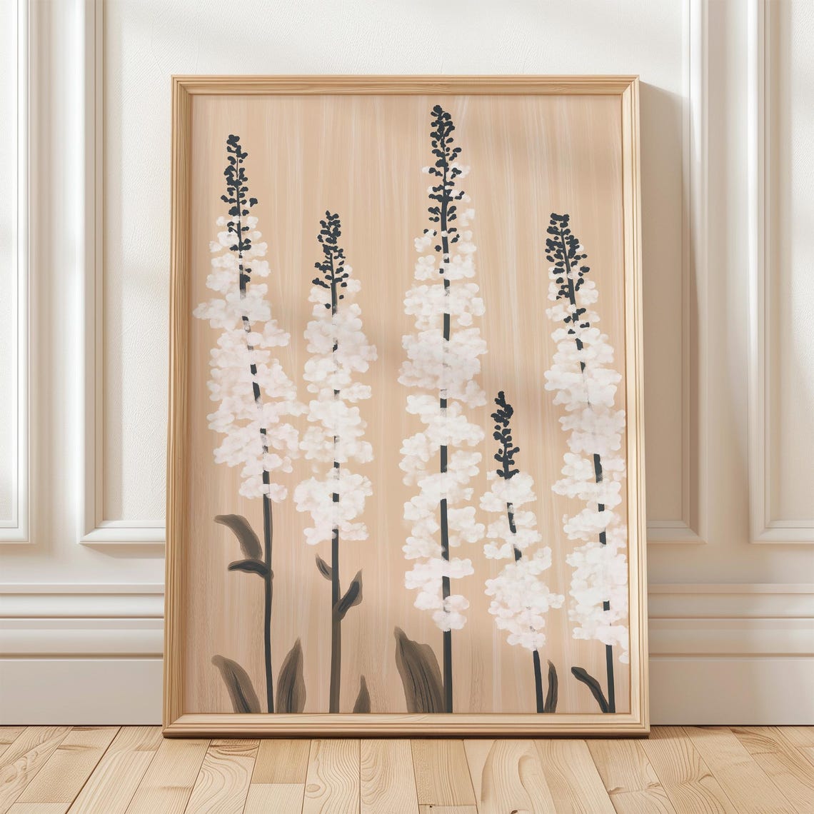 Tall White Flower Spikes Black Stems Beige Modern Botanical Poster