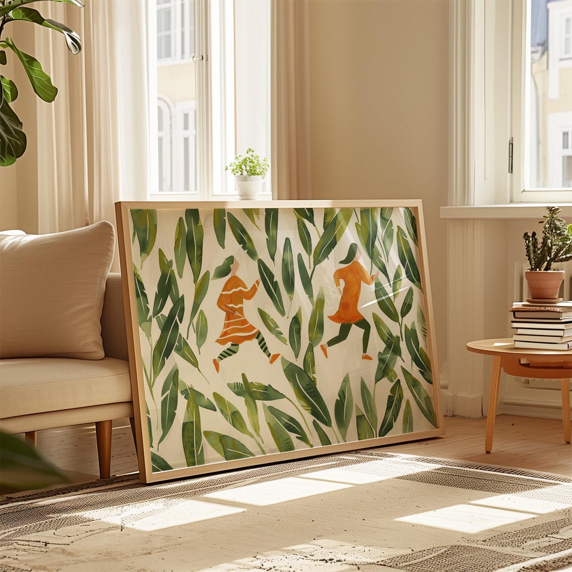 Tropical Girls Art Print Jungle Running Illustration Green Leaves Wall Art Playful Nature Poster Botanical Whimsical Decor - Image 4