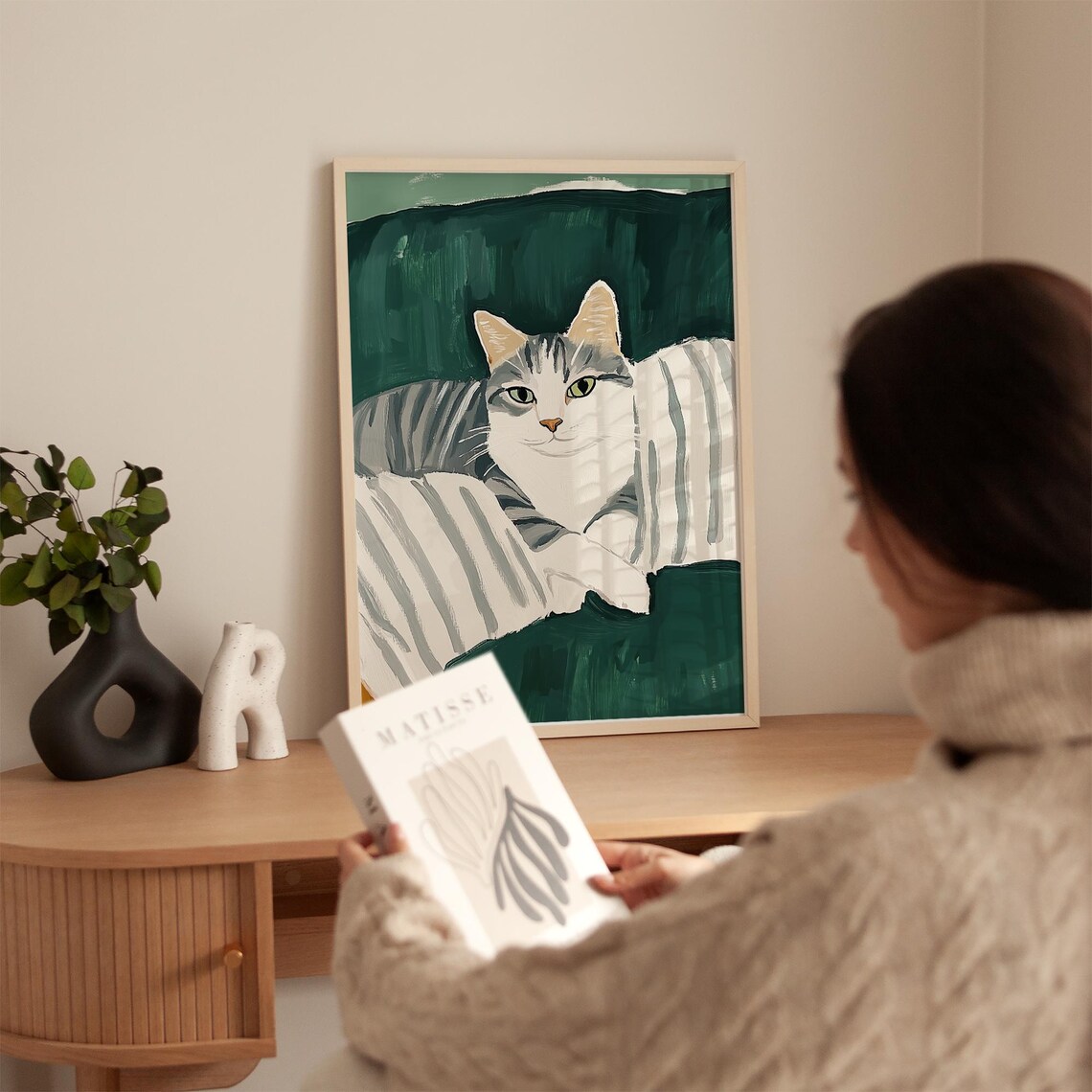 Striped Cat On Green Sofa, Cozy Minimalist Art Print - Image 2