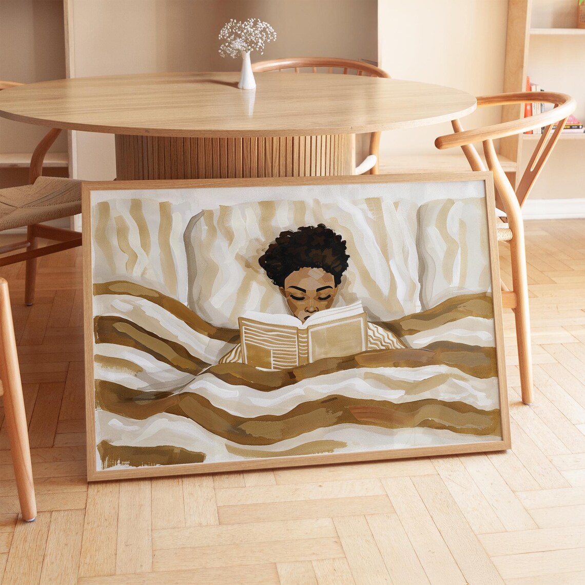 Cozy Woman Reading in Bed in Warm Beige Neutral Tones Wall Art
