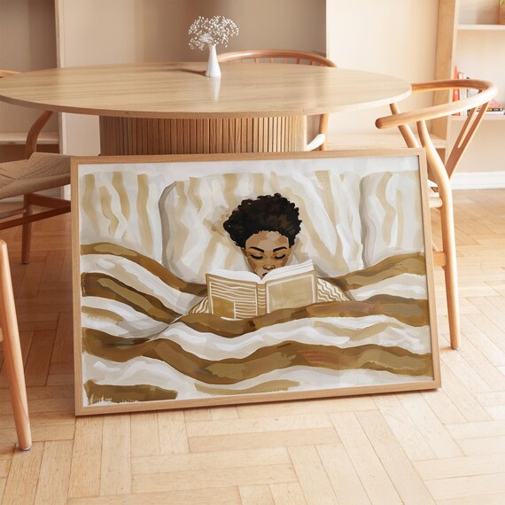 Cozy Woman Reading in Bed in Warm Beige Neutral Tones Wall Art