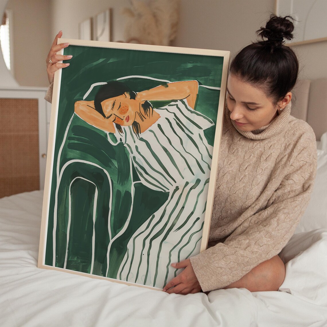 Sleeping Woman in Striped Dress on Deep Emerald Green Art Poster - Image 2