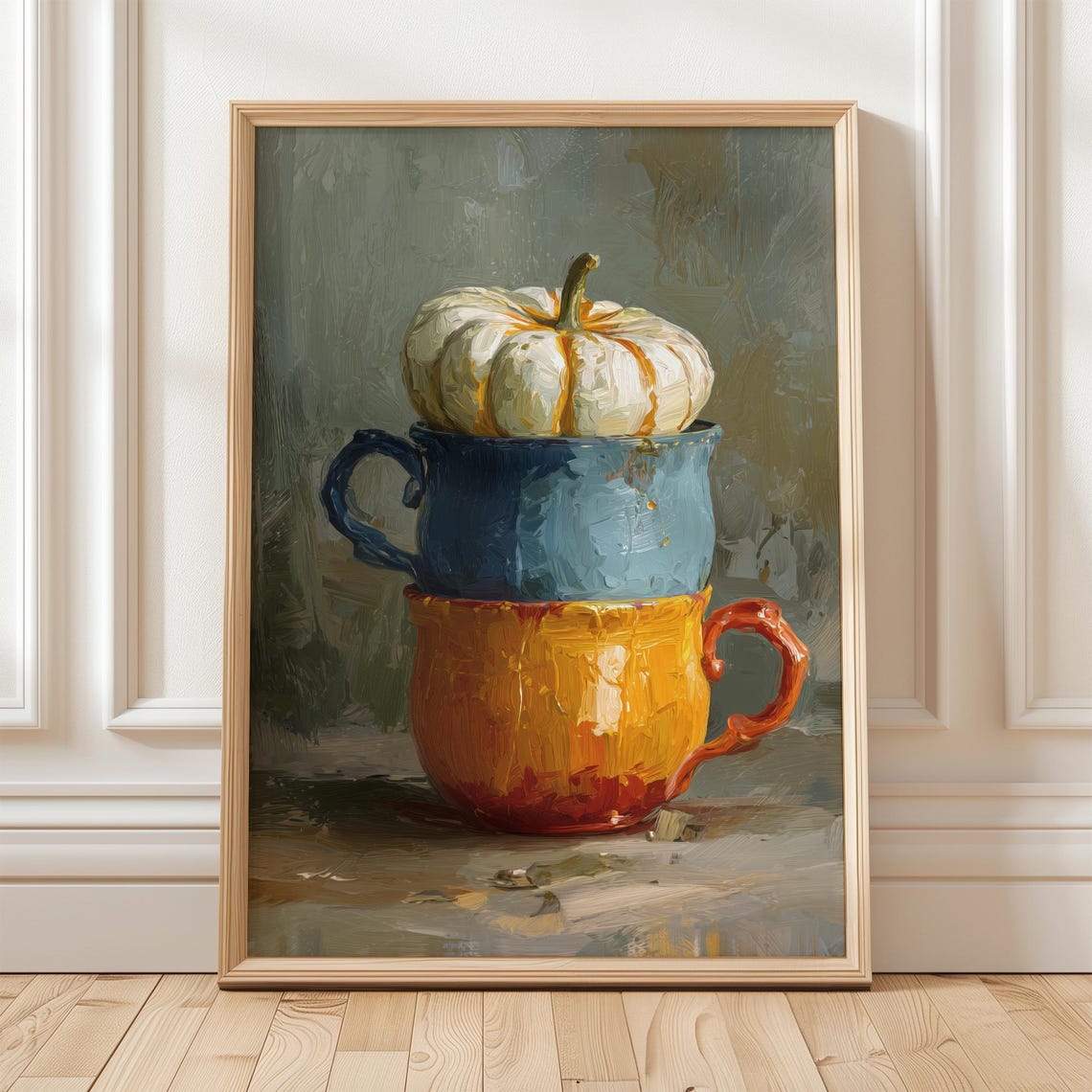 White Pumpkin on Stacked Mugs Fall Harvest Oil Still Life Art Poster