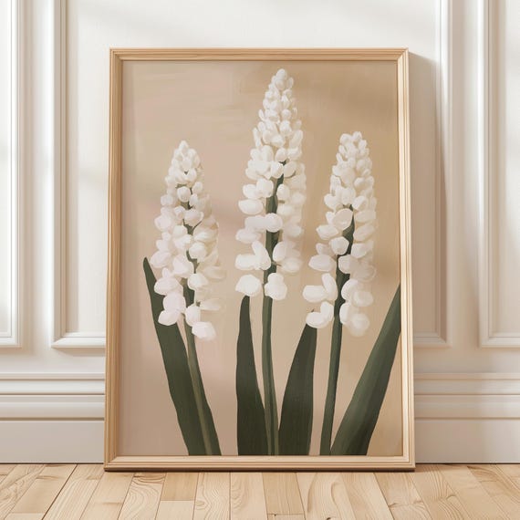 Neutral Hyacinth Wall Art White Floral Botanical Print Minimalist Plant Illustration Modern Beige Decor Flower Poster