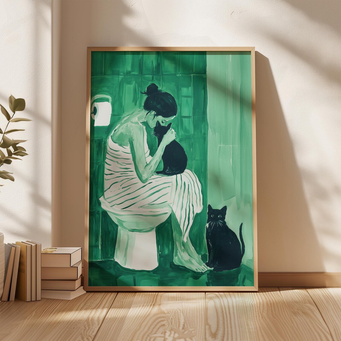 Woman Cuddling Black Cat with Second Cat in Green Bathroom Poster - Image 3
