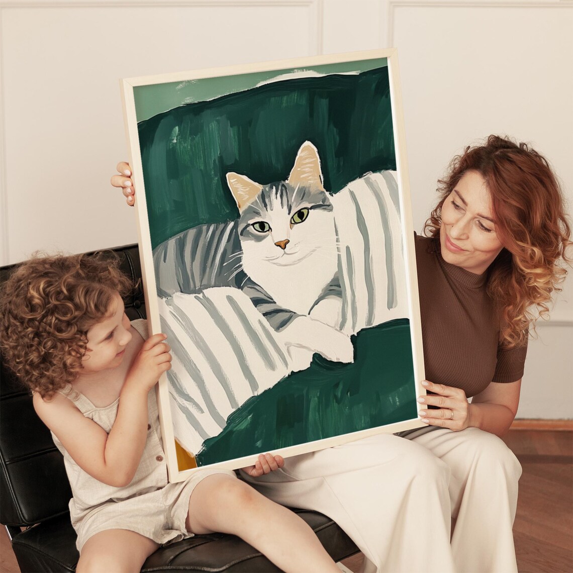 Striped Cat On Green Sofa, Cozy Minimalist Art Print - Image 4