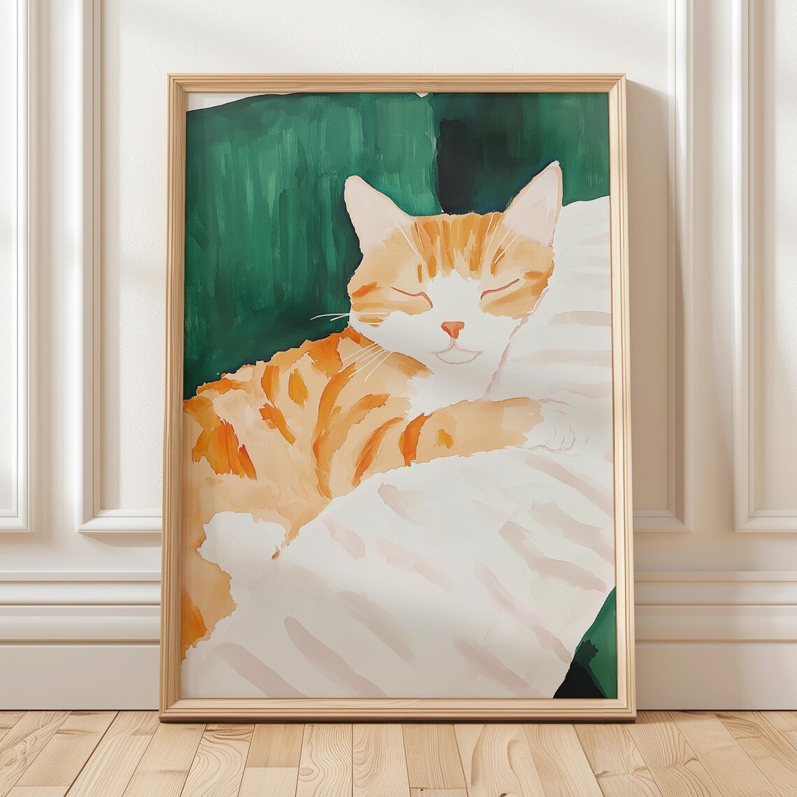 Orange Tabby Cat Watercolor Sleeping On White Blanket Art Poster - Image 5