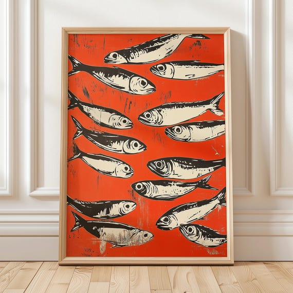 Bold Sardine Art Print Red And Black Fish Artwork Coastal Nautical Wall Art Vintage For Coastal Home Decor