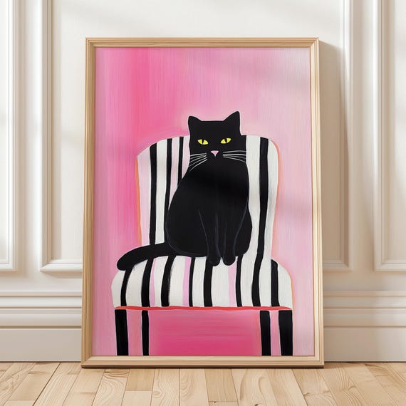 Black Cat On Striped Chair Wall Art Minimalist Pink And Black Home Decor Modern Animal Print Bold Abstract Cat Art