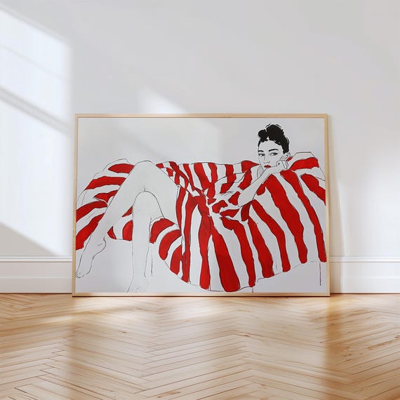 Relaxed Woman On Striped Couch Bold Red White Fashion Print Abstract Line Art Poster Illustration For Modern Interiors