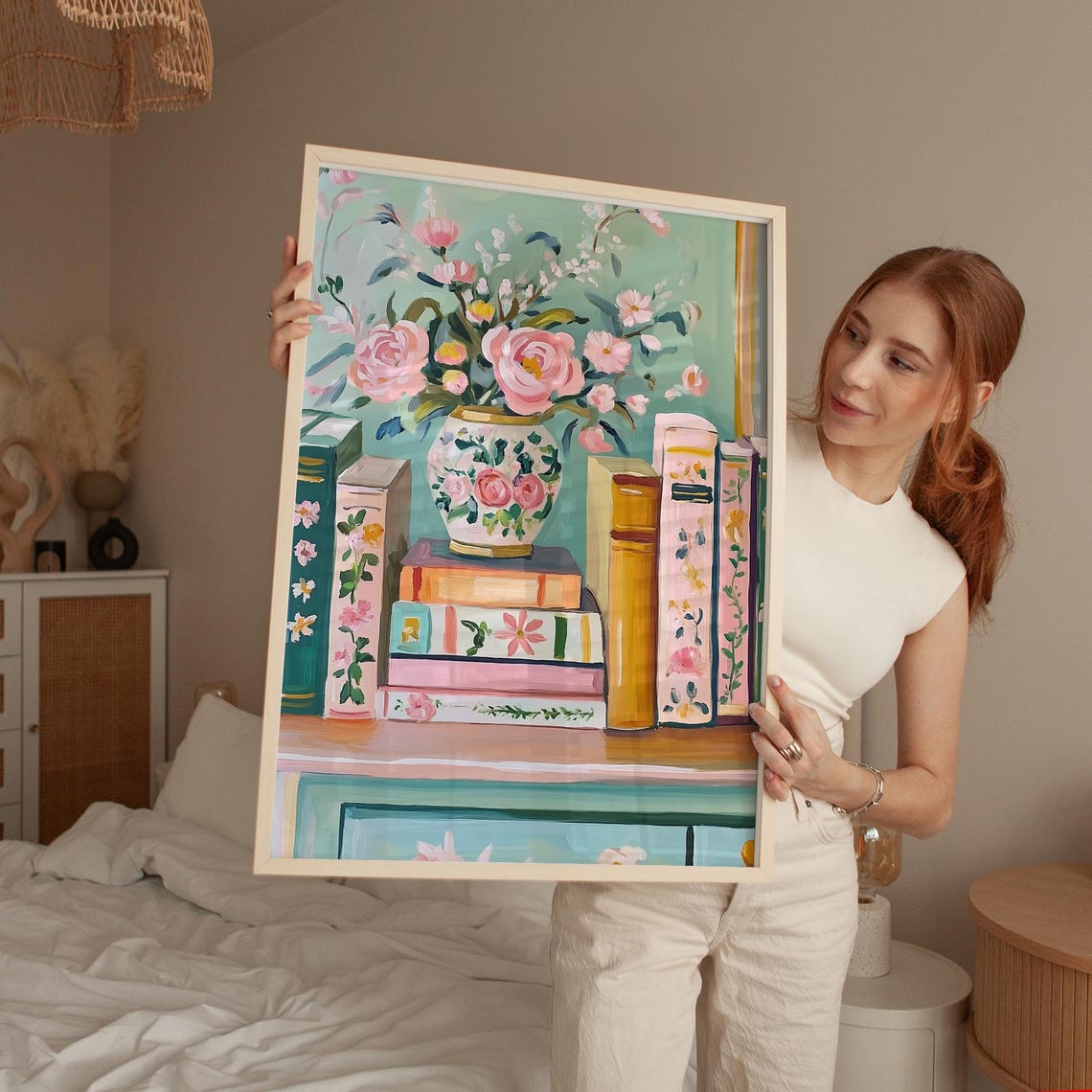 Vintage Floral Bookshelf Art Print, Book Lover Decor - Image 4