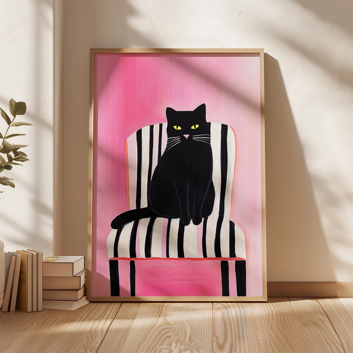 Black Cat On Striped Chair Wall Art Minimalist Pink And Black Home Decor Modern Animal Print Bold Abstract Cat Art - Image 5