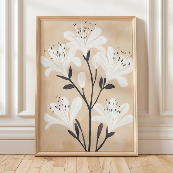 White Floral Wall Art Beige Botanical Print Modern Minimalist Flower Illustration Neutral Petal Poster Elegant Line Drawing