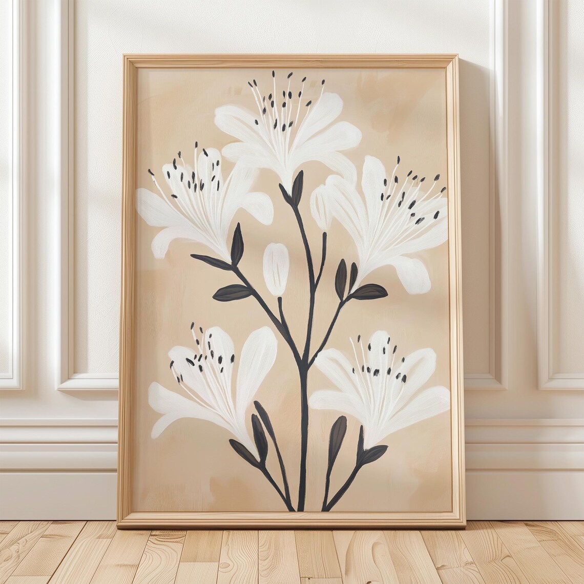 White Floral Wall Art Beige Botanical Print Modern Minimalist Flower Illustration Neutral Petal Poster Elegant Line Drawing
