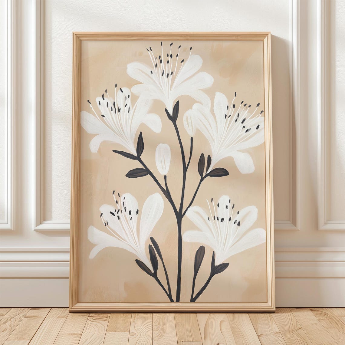 White Lily Stems Minimalist Botanical Illustration Beige Art Poster