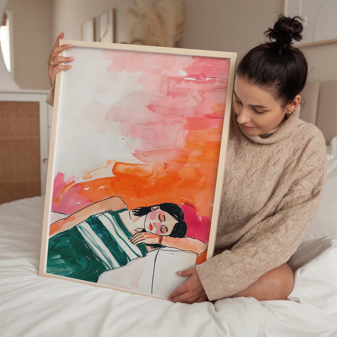 Sleeping Woman Watercolor Fashion Illustration Pink Orange Wall Art Green Striped Dress Calm Pose Colorful Bedroom Girl Poster - Image 4