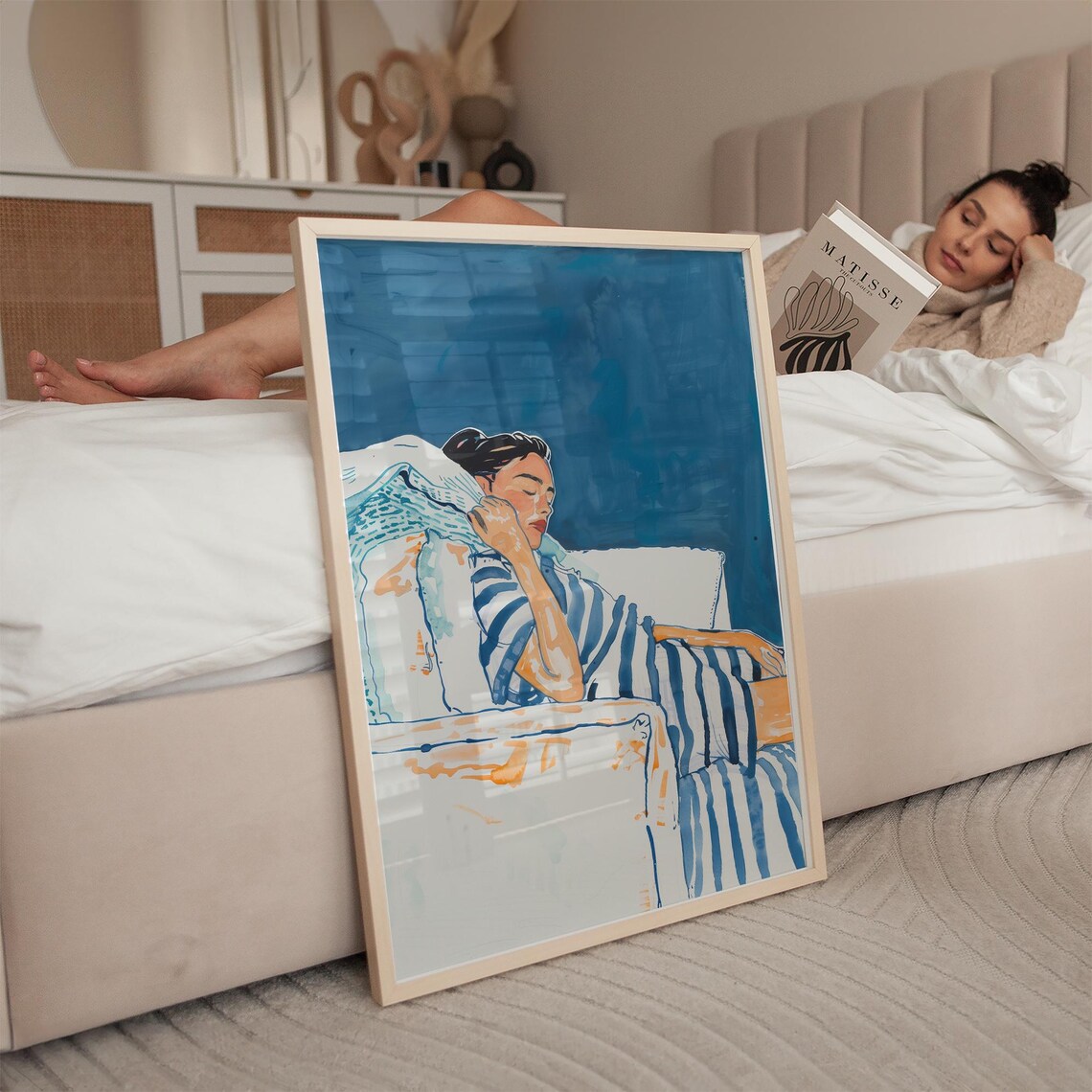 Blue Watercolor Portrait Of Reclining Woman With Stripes Poster - Image 4