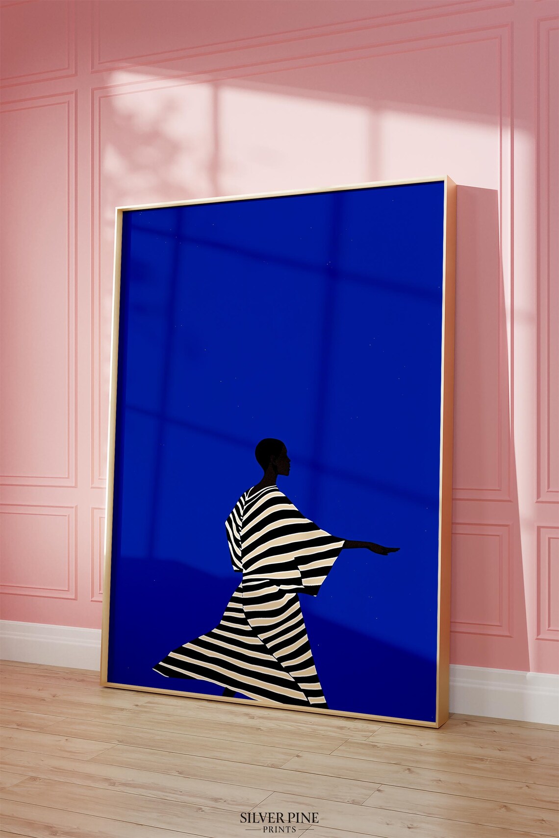 Striped Dress Silhouette Woman on Cobalt Blue Minimalist Art Poster - Image 5
