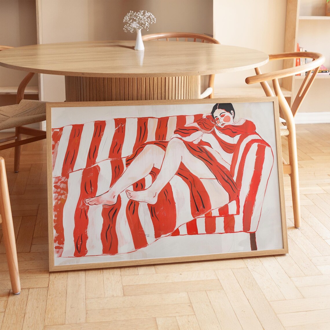 Woman Resting on Bold Red Striped Sofa Cozy Illustration Poster