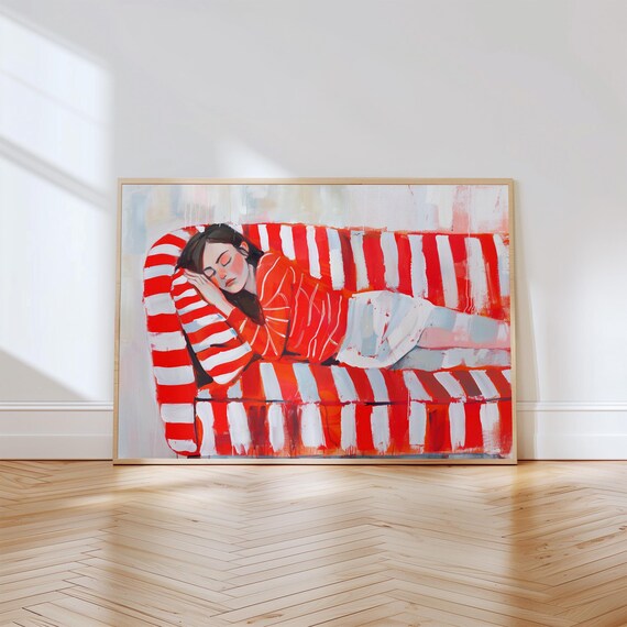 Woman Sleeping on Red Striped Couch Painterly Cozy Bedroom Poster