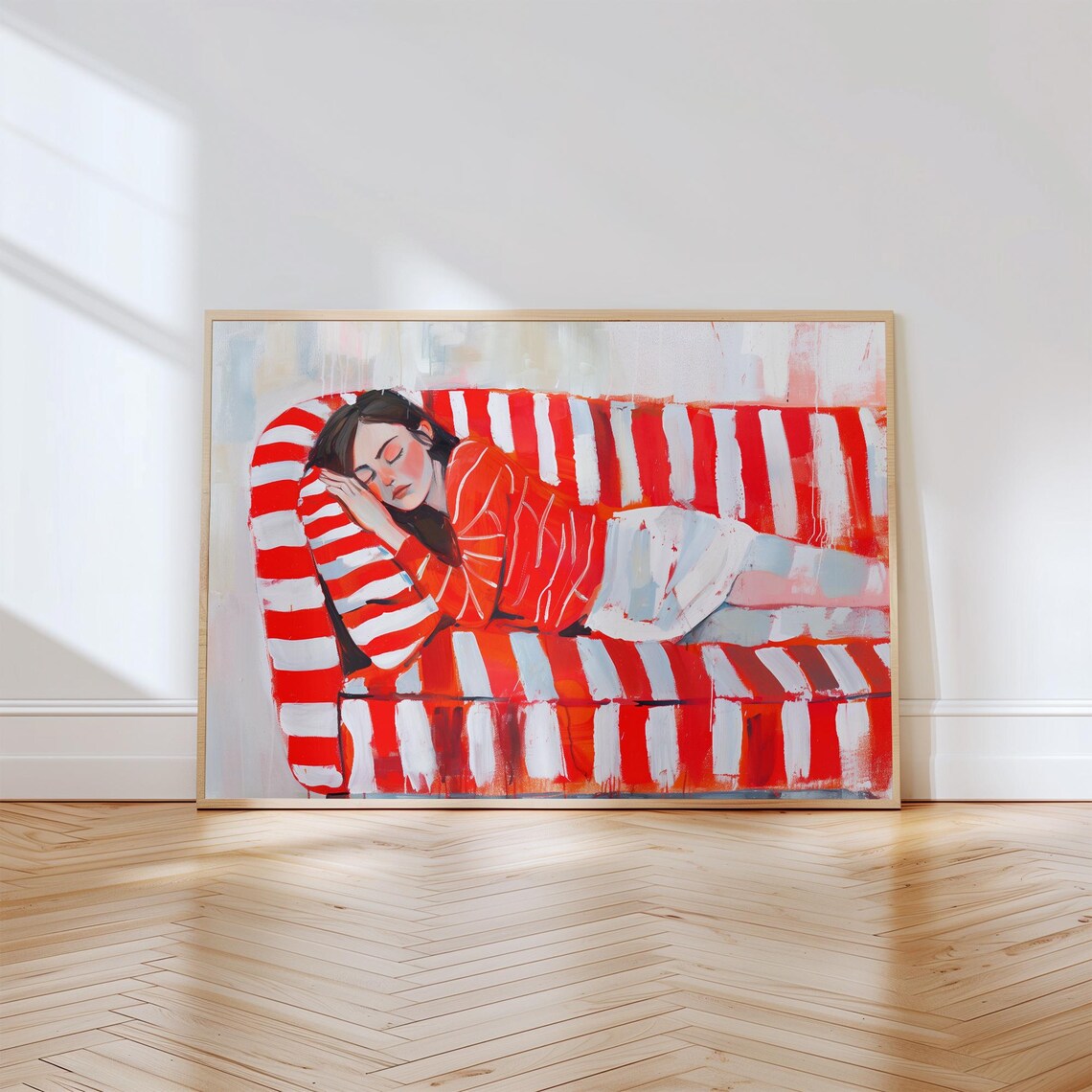 Woman Sleeping on Red Striped Couch Painterly Cozy Bedroom Poster