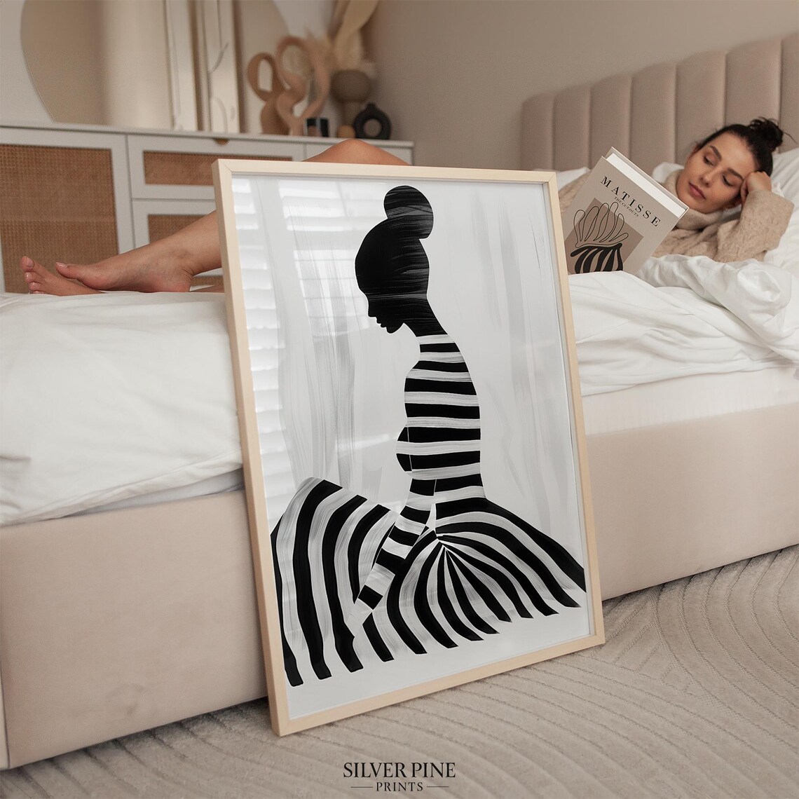 Seated Woman Profile with Topknot Radiating Striped Skirt Poster - Image 3