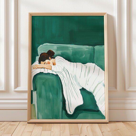 Sleeping Woman Draped Over Emerald Green Sofa Minimalist Watercolor Poster