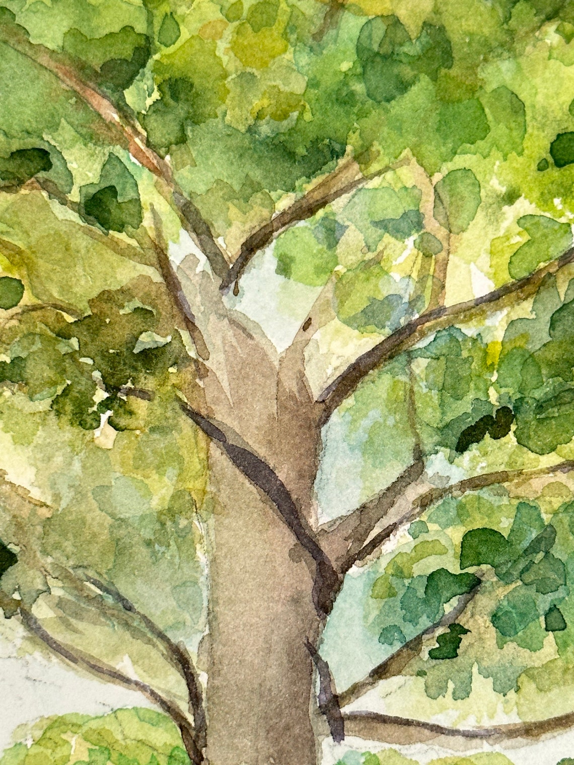 Majestic Lone Tree in Green Meadow Watercolor Nature Art Poster - Image 3