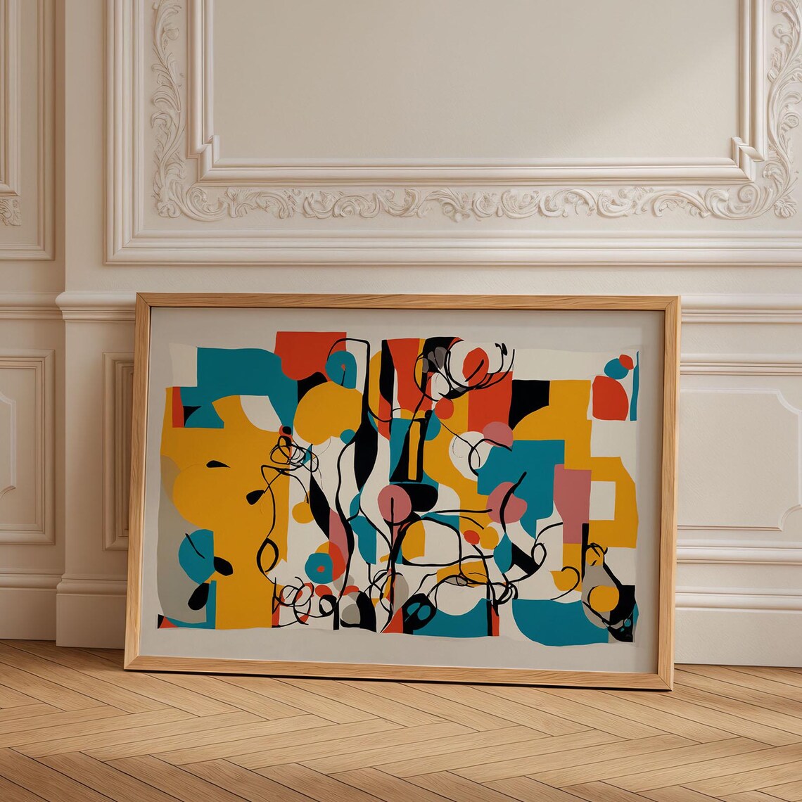 Mustard Yellow Teal Coral Geometric Midcentury Abstract Line Poster