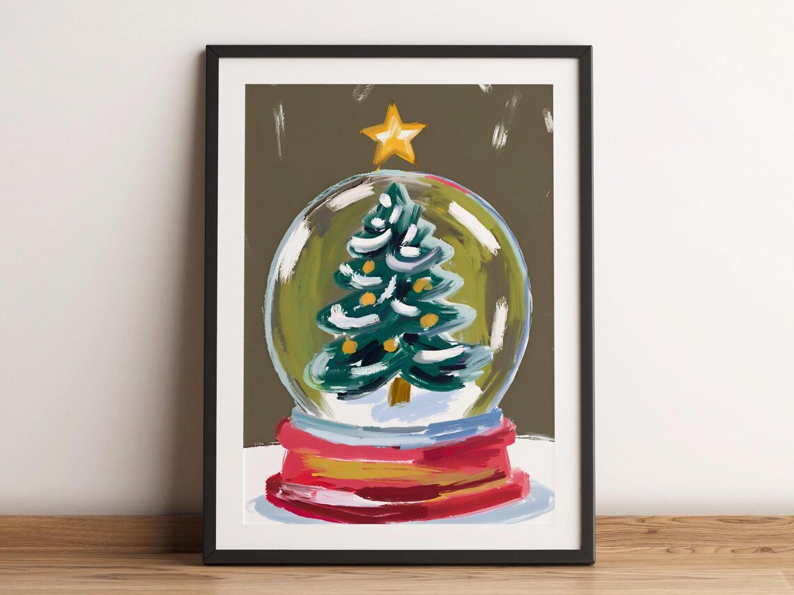 Vintage Christmas Tree Snow Globe Painting Holiday Star Top Poster