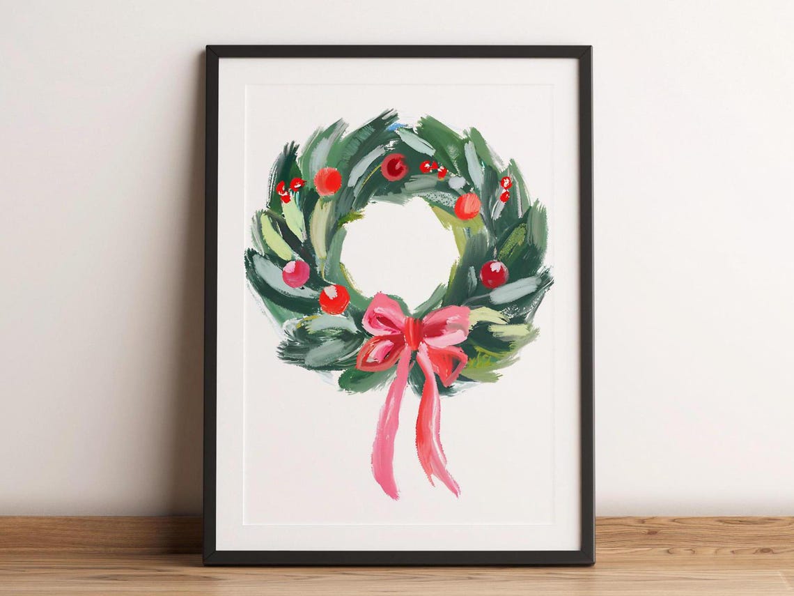 Christmas Wreath Pink Bow Red Berries Front Door Holiday Art Poster