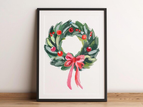 Christmas Wreath Pink Bow Red Berries Front Door Holiday Art Poster