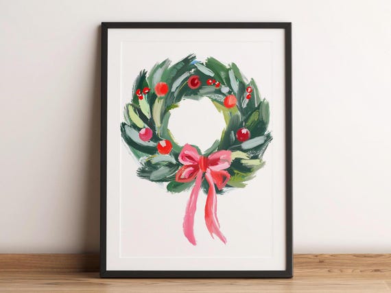 Christmas Wreath Wall Art Print Vintage Farmhouse Decor New Year Paint Holiday Minimalist Rustic
