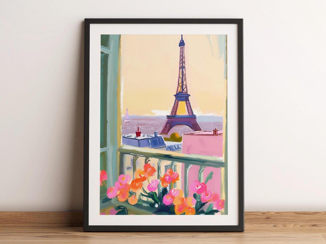 Paris Balcony Flowers Painting Wall Art Parisian Watercolor France Travel Poster City Landmark Eiffel Tower Home Decor