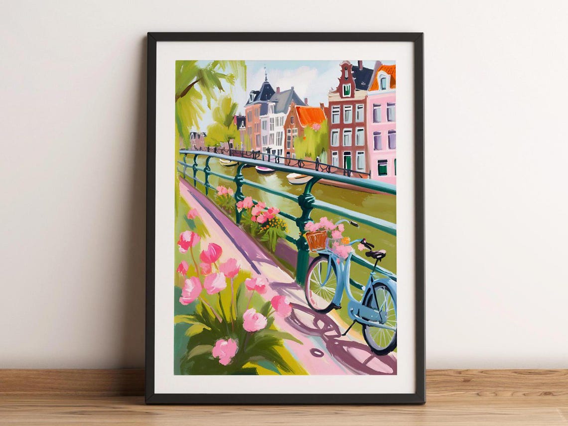 Amsterdam Canal With Bicycle Pink Tulips And Watercolor Bridge Poster